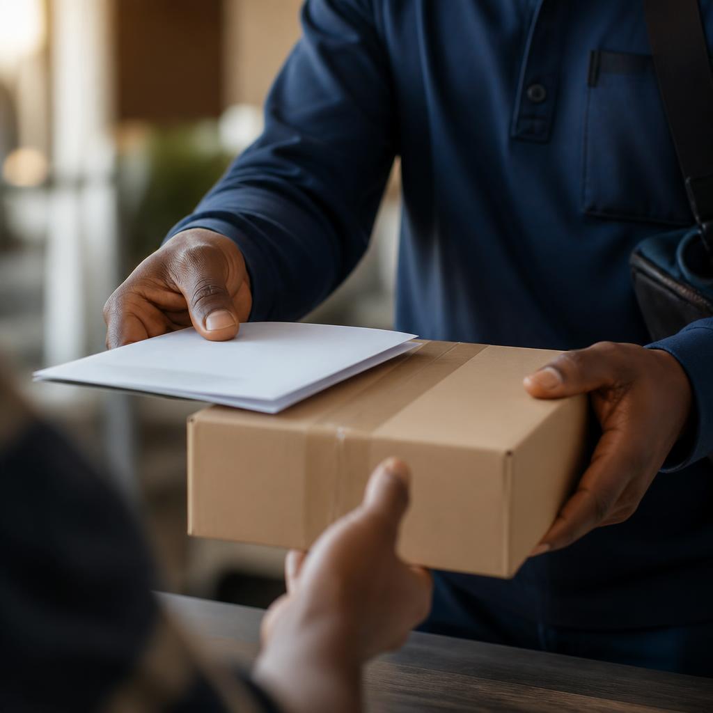 Shaw Express courier handling a parcel for delivery